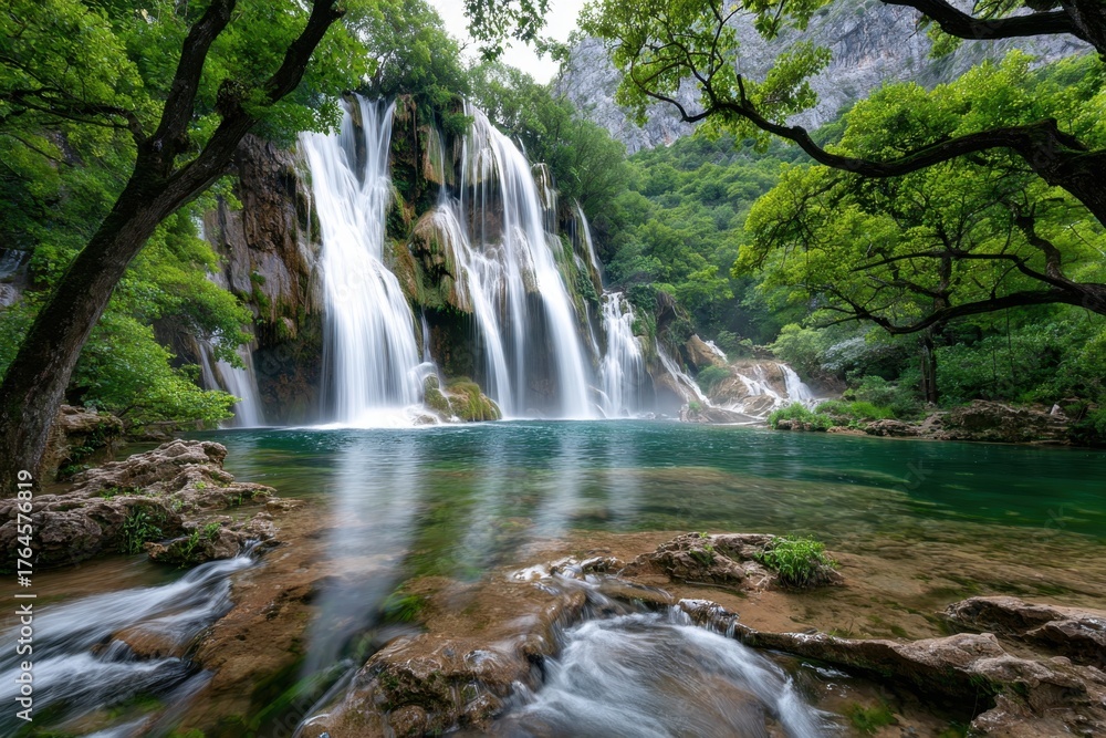 Fototapeta premium Majestic Waterfall Cascades into Turquoise Pool Surrounded by Lush Greenery
