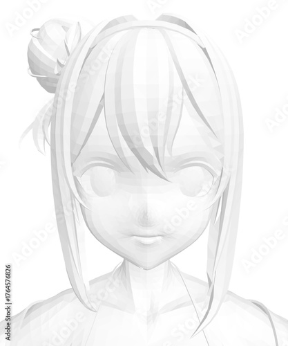 Polygonal anime girl with long flowing hair and a flower in her hair, rendered in black and white against a clean white background.