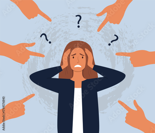 An overwhelmed woman holding her head with both hands. Many hands are pointing at her while question marks float above. Symbol of emotional stress, anxiety disorder, and burnout at work.