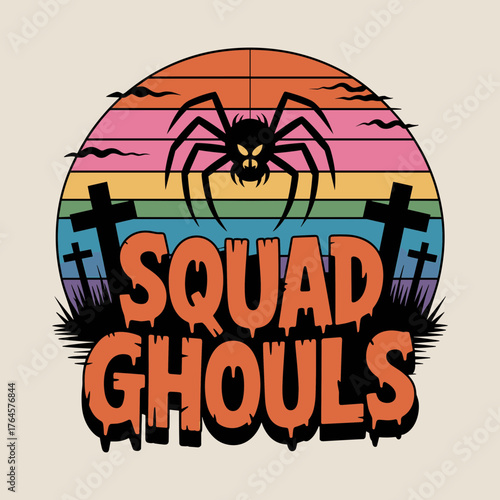 Spooky spider and haunted graveyard with dripping text 'Squad Ghouls' for Halloween celebrations and party invitations