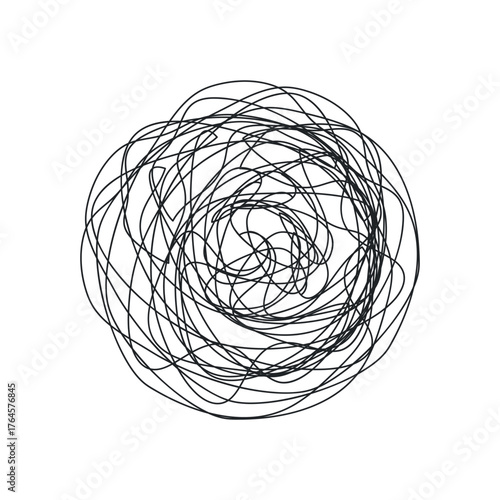 Abstract vector illustration of chaotic tangled lines. Symbol of confusion, disorder, and mental overload. Hand-drawn doodle element representing chaos and complexity.