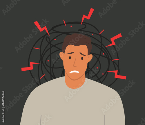 Vector illustration of a sad man on a dark background with chaotic lines and red lightning around his head. Symbol of chronic stress, mental fatigue, burnout, and emotional pressure.