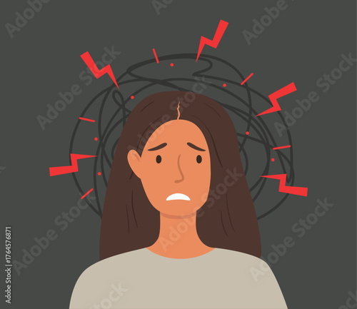 Vector illustration of a sad woman on a dark background with chaotic lines and red lightning around his head. Symbol of chronic stress, mental fatigue, burnout, and emotional pressure.