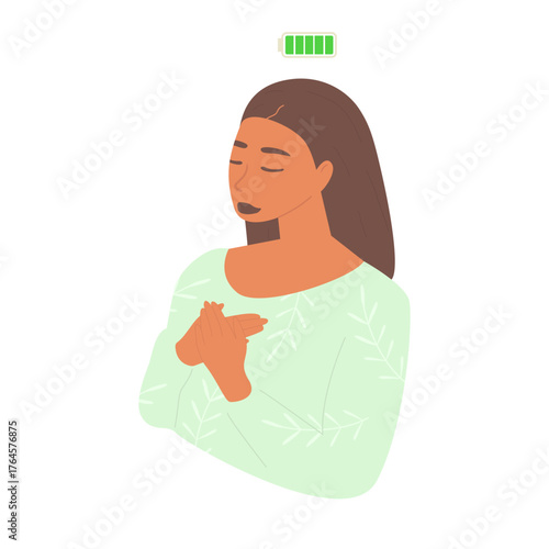 A woman with closed eyes, above her head is a full battery symbol. The concept of rest, relaxation, emotional balance, mindfulness, and mental recharge. Symbol of calm, recovery, and inner harmony.