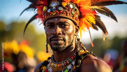 A dark-skinned man with an orange-feathered headdress and colorful jewelry, set against a blurred outdoor background