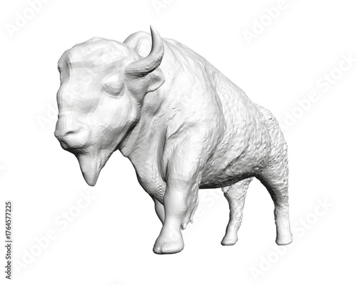 Polygonal bison walking in a 3D rendered black and white drawing on a white background. The realistic illustration features geometric shapes and clean lines.