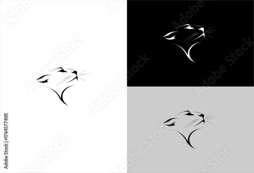 Stylized feline head looks up, in black & white on contrasting grounds