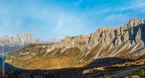 Mountain sunny evening peaceful view from Giau Pass.