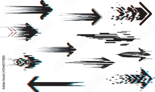 Glitch speed arrows vector set with motion blur, fast movement, and digital distortion effects.