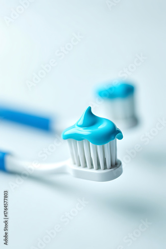 A close-up of two toothbrushes with toothpaste applied, representing dental hygiene and healthy living.