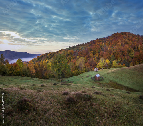 Foggy early morning autumn mountains scene. Peaceful picturesque traveling, seasonal, nature and countryside beauty concept scene. Carpathian Mountains, Ukraine.
