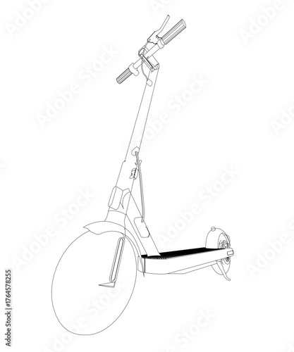 Electric scooter contour sketch on white background features a sleek black and white design, curved handlebars, a raised seat, and large glossy wheels.