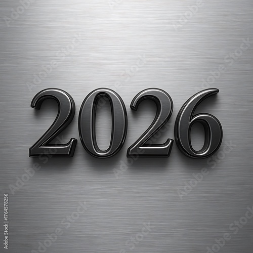 2026 Dark Steel Metallic 3D Text on Silver Gradient Background | Modern Industrial Typography Design