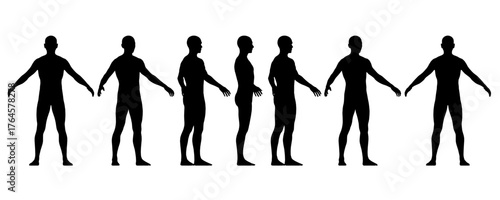 A realistic male character silhouette in various poses demonstrates human body evolution. The black figures are cleanly presented on a white background.