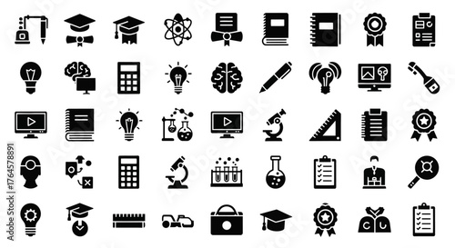 Icons of Knowledge: A collection of educational icons in a sleek design, representing diverse subjects and intellectual concepts, ideal for educational or scientific projects.