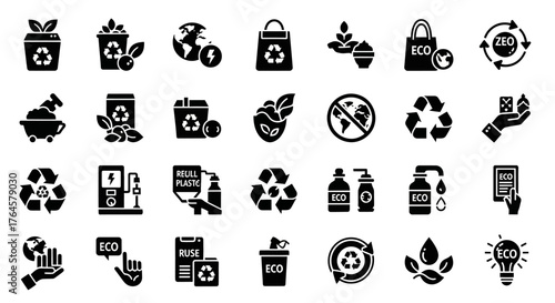 Eco-Conscious Icons: A comprehensive set of sleek, eco-friendly icons representing environmental protection and sustainability efforts, perfect for educational materials or digital design projects.