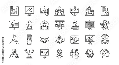 Business and Strategy Icon Set: A comprehensive collection of meticulously crafted, minimalistic line icons that symbolize various facets of business, strategy, leadership, and analytics.