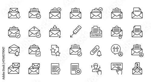 Email Icon Set: A comprehensive collection of stylized email icons, perfect for representing electronic correspondence and digital communication in a clean, modern design.