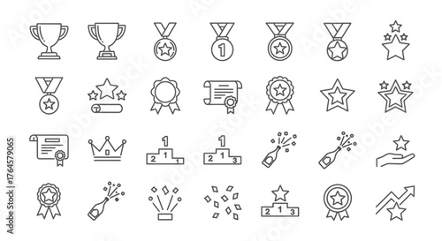 Iconography of Achievement: An array of linear icons of trophies, medals, stars, and celebratory elements, symbolizing excellence, victory, and the rewards of success.