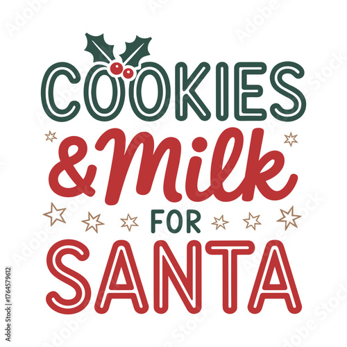Festive Cookies and Milk for Santa design offers joyful holiday spirit, perfect for Christmas cards, gifts, and winter celebrations from this SVG vector art!