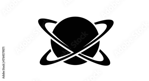 Black planet with intersecting rings design on white background.