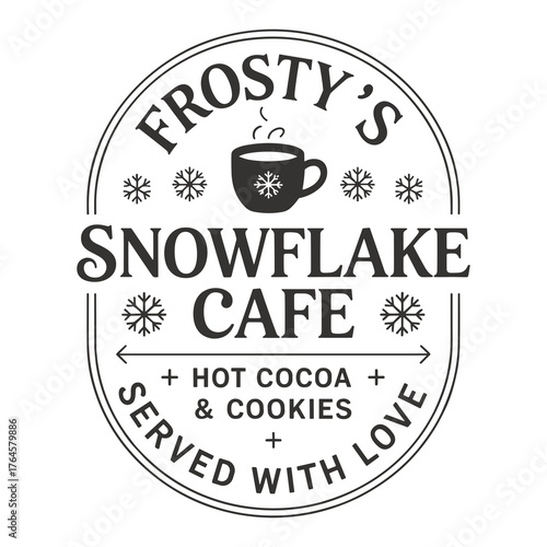 Charming Frosty's Snowflake Cafe Logo Design: Hot Cocoa & Cookies Served with Love, Perfect for Winter Holiday Marketing and Festive Seasonal Promotions
