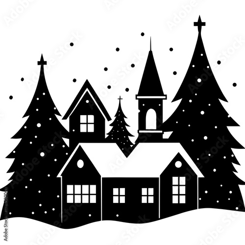 Christmas Village Houses with Snow Silhouette and Church Tower
