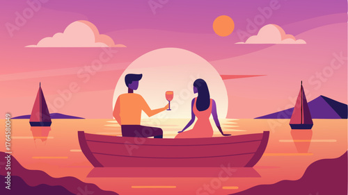 A romantic sunset boat ride where a couple enjoys champagne while surrounded by serene waters and glowing skies.