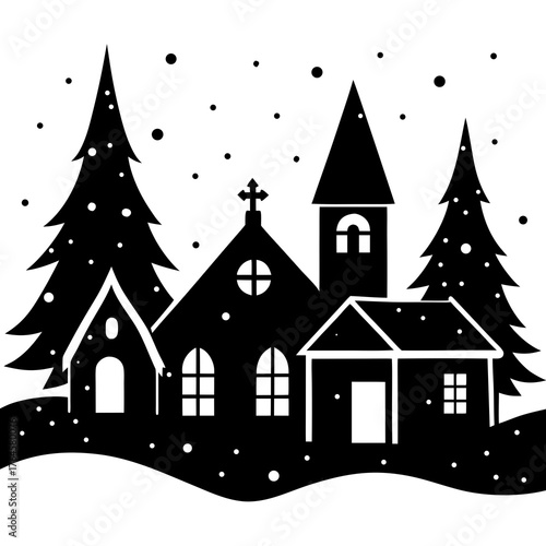 Christmas Village Houses with Snow Silhouette and Church Tower