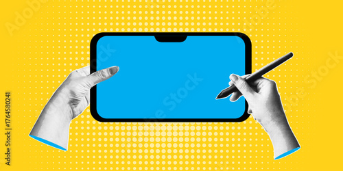 Trendy halftone banner with hands holding tablet and digitized pen. Digital drawing concept. Modern retro style.Contemporary collage for design template. Vector illustration