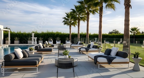 An outdoor lounge area beside a hotel pool