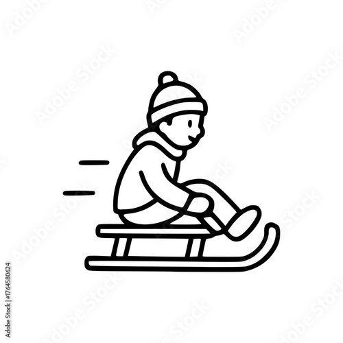 Black and white vector of child riding sled fast on snow minimal winter outdoor activity design