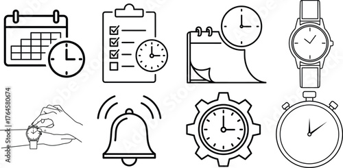 Collection of hand drawn icons representing time management scheduling and deadlines with clocks calendars and a stopwatch
