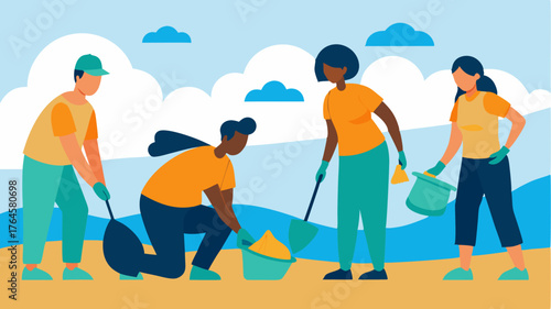 A team of volunteers cleaning up a beach emphasizing sustainability and community effort.