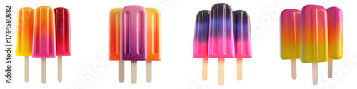 A set of cartoon ice cream popsicles, frozen juice on a stick, with fruit and berry flavors, isolated on a transparent background PNG