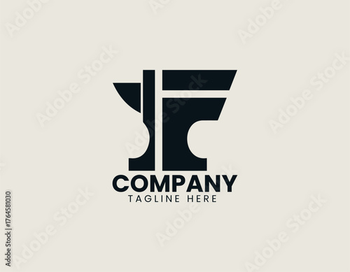 Iron forge anvil forming letter F shape in bold industrial vector logo design illustration