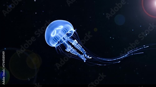 Glowing Blue Jellyfish Swimming Gracefully in Dark, Starry Ocean Depths