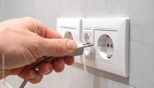 A hand is plugging a gray electric plug into a white wall socket. Indoors, closeup shot, household electricity concept