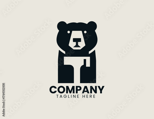 Strong black bear symbolizing iron blacksmith power in bold vintage vector logo design illustration