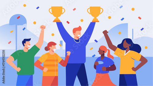 A local sports team is celebrated by fans in a community center launching confetti into the air with trophy in hand.