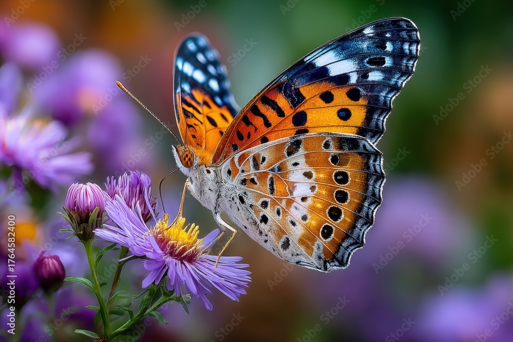 Obraz premium Butterfly on purple flower, nature macro photography