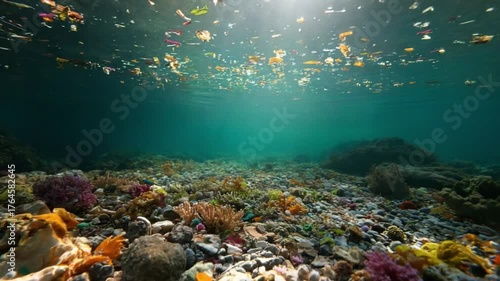 Underwater Pollution: A stark depiction of pollution's grim reality, showcasing waste debris clouding the aquatic environment of coral reef and the delicate balance of the sea.