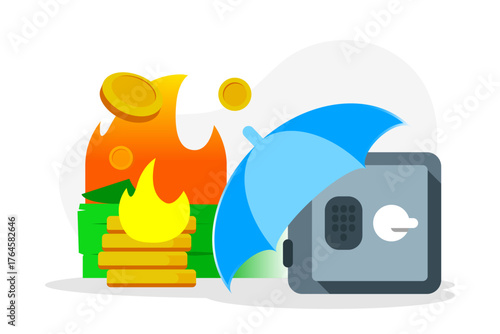 illustration of burning money and safe protected by umbrella. financial protection, risk management, emergency fund, insurance, investment security. Concept of saving money from loss, economic crisis