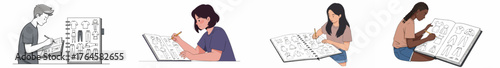 Collection of illustrations showing diverse students and designers working on fashion sketches and apparel drafts in open sketchbooks.