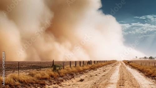 Dust Storm's Path: A powerful dust storm engulfs a rural landscape, where a solitary road stretches towards the horizon, symbolizing the raw forces of nature.
