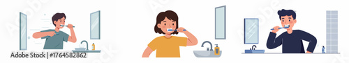 Collection of illustrations showing diverse young people practicing daily oral hygiene, brushing their teeth in front of bathroom mirrors.