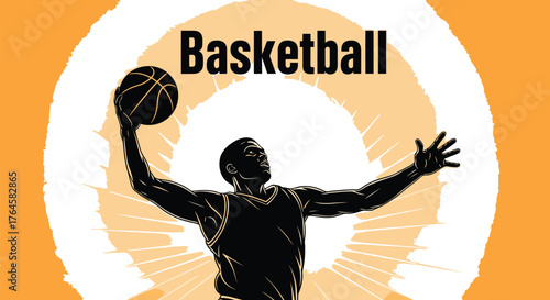 Dynamic Basketball Player Silhouette Vector Illustration - Athlete Jumping to Shoot or Dunk with Ball - Sports Poster Background Template  Adobe Illustrator Artwork