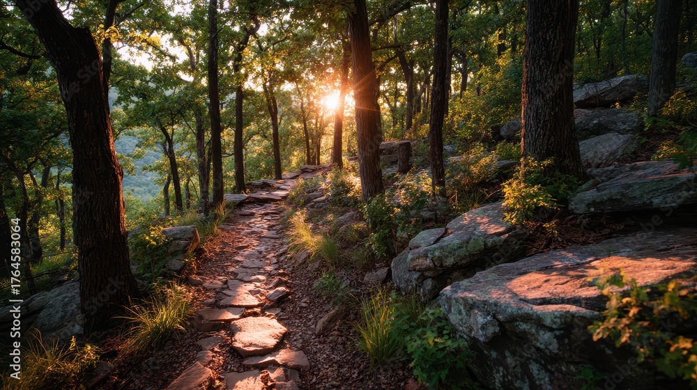Fototapeta premium Forest path with rocks and sunlight