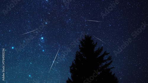 Bild auf Leinwand Milky way stars and constellations with landscape silhouettes photographed from a dark countryside location