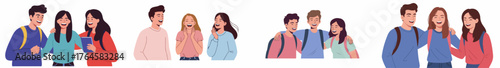 Happy young students and friends laughing together in various joyful groups, depicted in a bright flat vector illustration style.